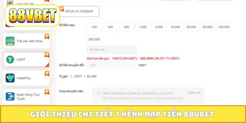 Giới thiệu chi tiết 7 kênh nạp tiền 88VBET